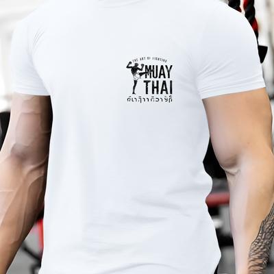 TEMU Men's Muay Thai Graphic Tee, Casual Crew Neck Short Sleeve T-shirt, 100% Polyester Knit Fabric, Stretch, Regular Fit, Summer Season Top - 150gsm Image