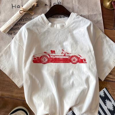 TEMU Women' Car Graphic Print Round Neck T-shirt - Sporty Casual Short Sleeve Top With , Machine Washable & Versatile For Casual Attire, Car T Shirts Image