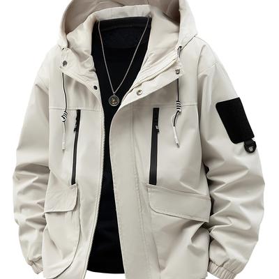 TEMU Men's Hooded Jacket - Solid Color Urban Streetwear With Multiple Pockets, Comfortable Soft Fabric For Outdoor Sports, Travel & Casual Wear, Jacket | Minimalist Fashion | Durable Zipper Closure Image