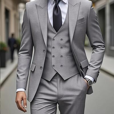 TEMU Men's Navy Blue Three-piece Suit With Peaked - Slim Fit, Long Sleeve, Button-up Shirt & Pants, Weddings, Work, And Formal Events, Wedding Attire|slim Fit Suit|formal Attire Image