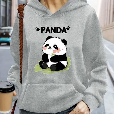 TEMU Women's Casual Cartoon Panda Print Hooded Sweatshirt With Kangaroo Pocket, Grey Fleece-lined Pullover, Cozy Machine Washable Hoodie For Casual Attire, Panda Clothes Image