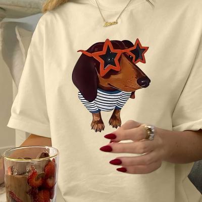 TEMU Women's Oversized Graphic Tee With Stylish Glasses-wearing Dachshund Print - Casual Short Sleeve, Soft Polyester Blend, Top For Casual Attire, Casual Wear Tee | Print Tshirt | Soft Fabric Top Image