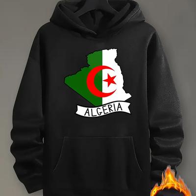 TEMU Algeria Flag Print Hoodie - Unisex Casual Knit Fabric Hooded Sweatshirt With Kangaroo Pocket, Loose Fit Polyester Hoodie For All Image