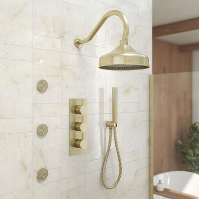 Randolph Morris Tranquil Rainfall Thermostatic Shower Set with Round Showerhead, Square Handshower, Round Valve, and Round Body Jets - Brushed Brass RMAS-3TR-RRHGN-HSW-3BSR-BB