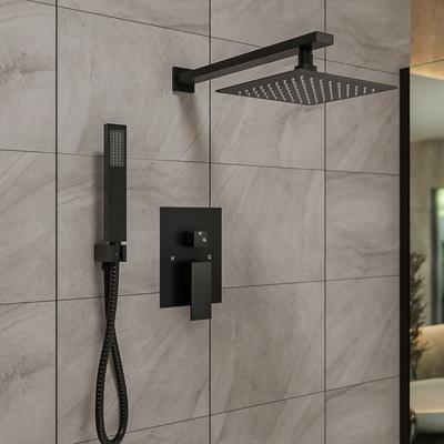 Randolph Morris Tranquill Rainfall Shower Set with Shower Valve, Shower Head, Shower Arm, Handshower Holder, Handshower,and Hose in Matte Black RMAS-2SSQ-SQH-HSQQ-MB