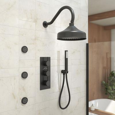 Randolph Morris Tranquil Rainfall Thermostatic Shower Set with Round Showerhead, Round Handshower, Sqaure Valve, and Round Body Jets - Matte Black RMAS-3TR-RRHGN-HSW-3BSR-MB