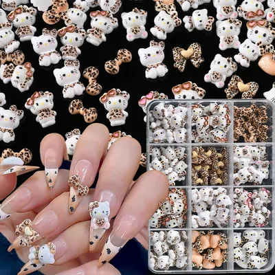 12Grids 3D Summer Leopard Hello Kitty Nail Charms Sexy Leopard Tanning Kitty Bow Nail Art Rhinestone Cute Cartoon Manicure Parts