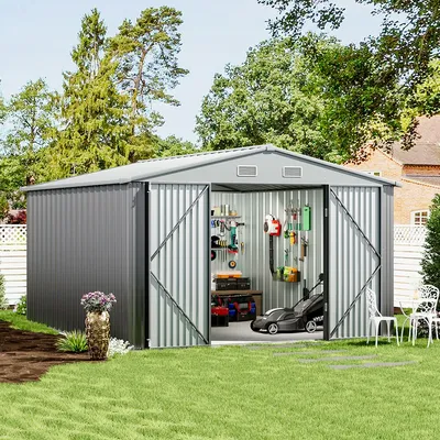 【Breeins】10 x 12 FT outdoor metal storage shed, galvanized steel garden shed with 4 ventilation