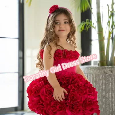 Niedliche rote Blumenmädchenkleider mit Spaghettiträgern, Ball, Hochzeit, Party, wunderschöne Geburtstag, Schönheitswettbewerb, Kommunionkleider Image