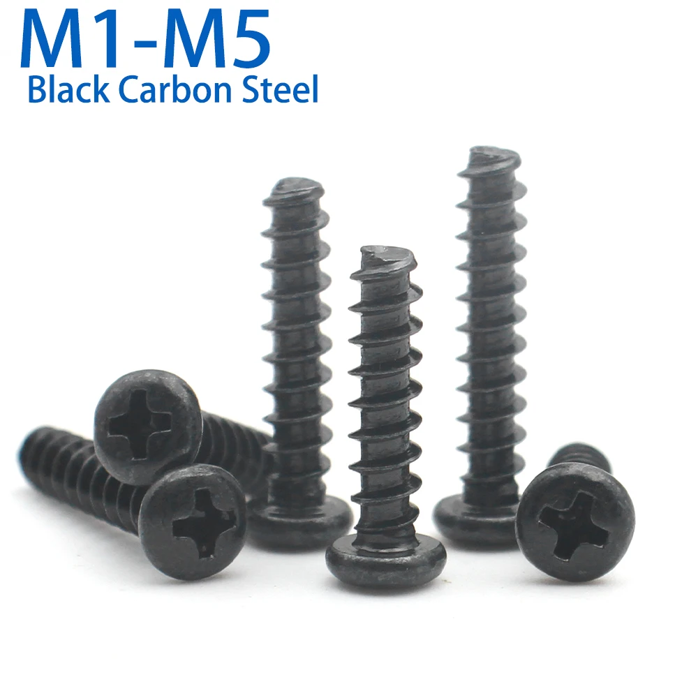 100 Stück M1 M1,2 M1,4 M1,7 M2 M2,3 M2,6 M3 M3,5 M4 M5 schwarzer Kohlenstoffstahl Mini Kreuzschlitz Phillips Flachkopf selbstschneidende Schraube Image