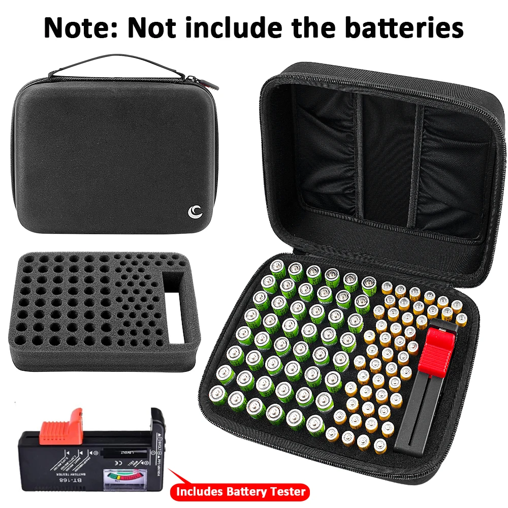 Battery Storage Organizer Case – Holds 96 Batteries (48 AA & 48 AAA) with Built-in Tester, Plus 2 Extra Pockets for Accessories