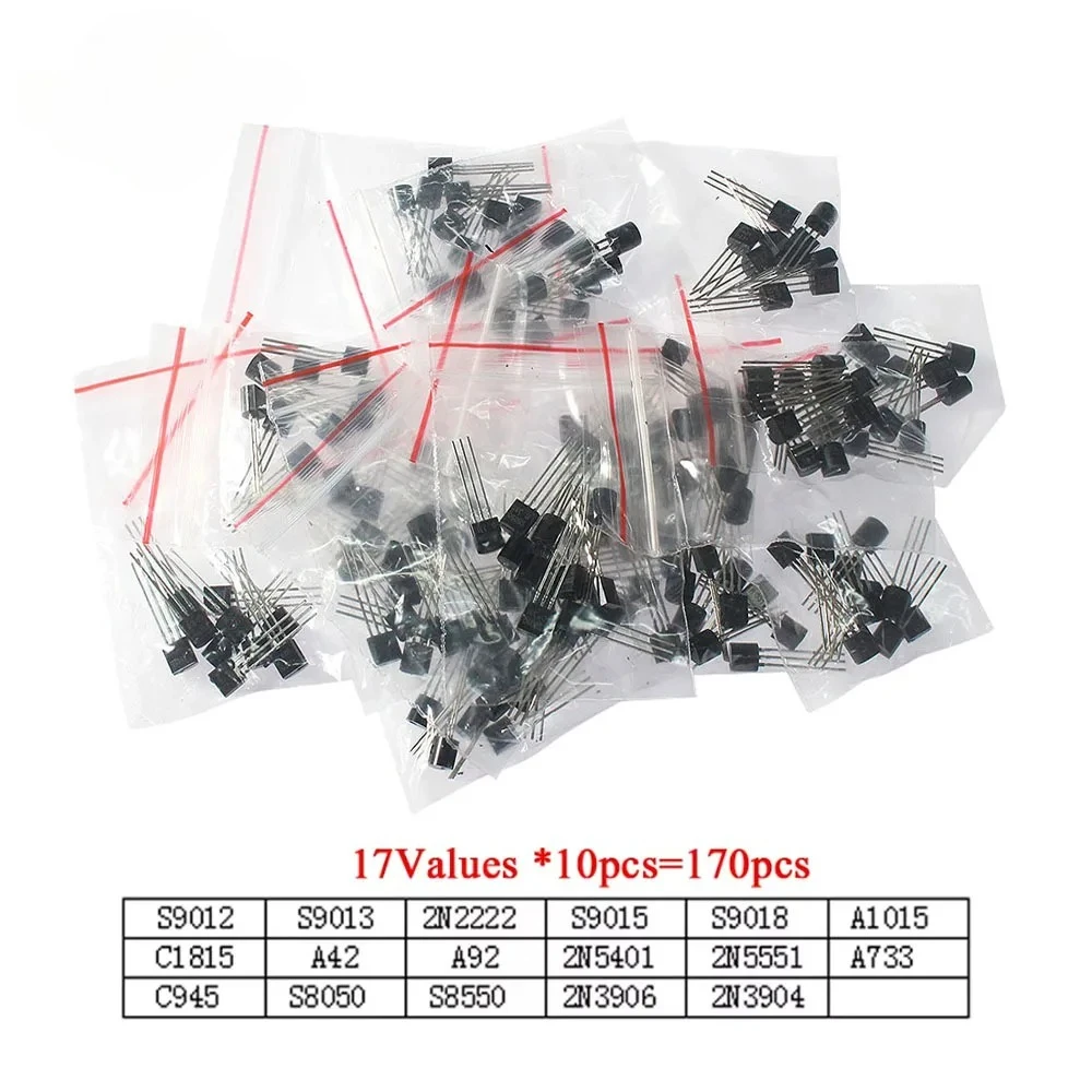 170 Stück TO-92 NPN PNP Transistoren Kit S9012 S9013 2N2222 S9015 S9018 A1015 C1815 A42 A92 2N5401 2N5551 A733 C945 S8050 17 Werte Image