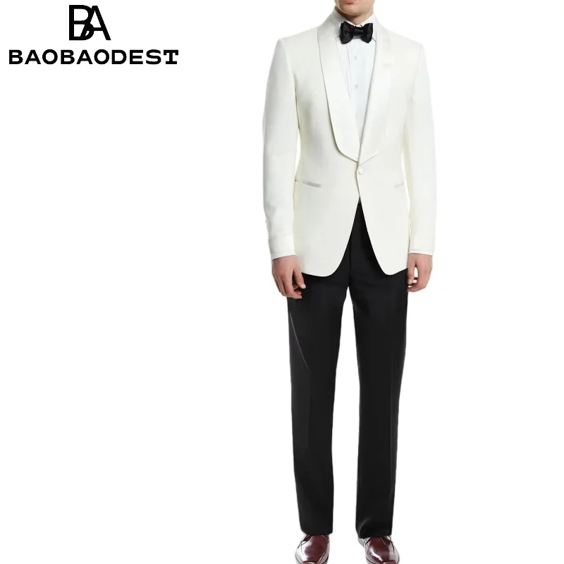 Slim Fit Casual Herren 2-teiliger Anzug Weiß One Button Schal Revers Blazer Schwarze Hose Business Anzug Formeller Bräutigam Smoking