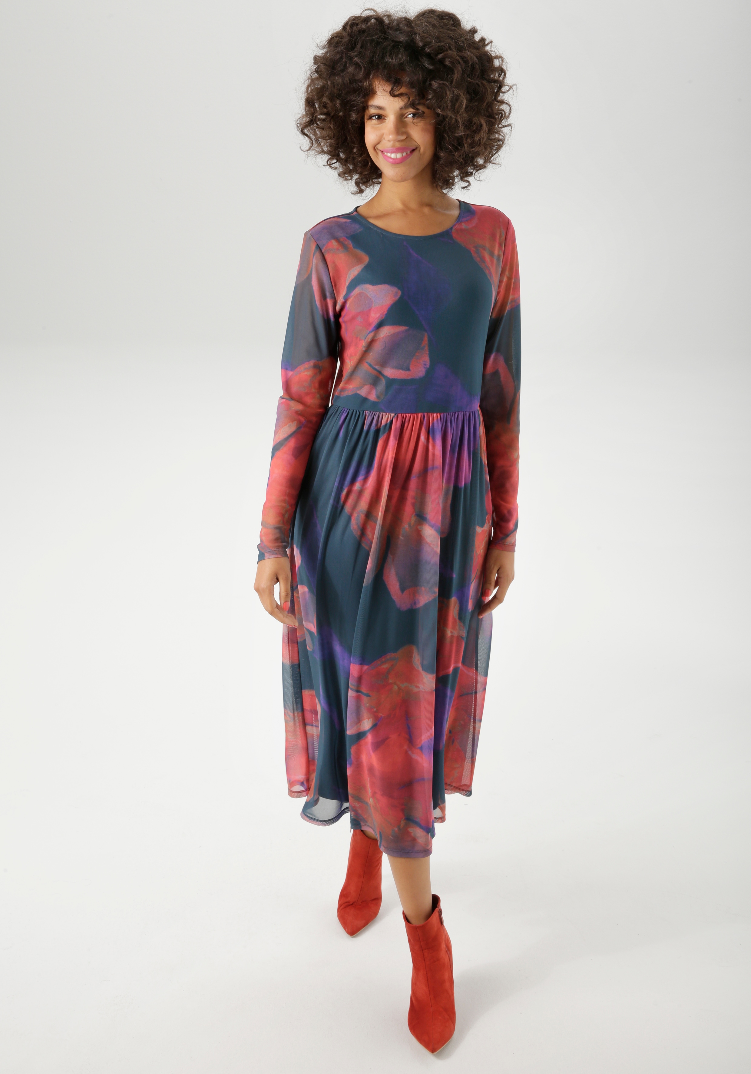 Midikleid ANISTON CASUAL, Damen, Gr. 38, N-Gr, petrol, rot, orange, lila, rosa, flieder, zimt, gelb, braun, Mesh, Obermaterial: 95% Polyester, 5% Elasthan. Futter: 100% Polyester, geblümt, figurumspielend wadenlang, Rundhals, Kleider Midikleid, mit...