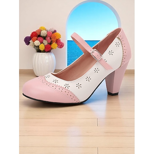 Damen-Pumps im Vintage-Stil der 1950er Jahre im Mary-Jane-Stil mit klobigem Absatz – zweifarbiger braun-weißer Brogue-Stil mit floralen Ausschnitten, ideal für Vintage-Outfits, Bürokleidung und Teepartys Image