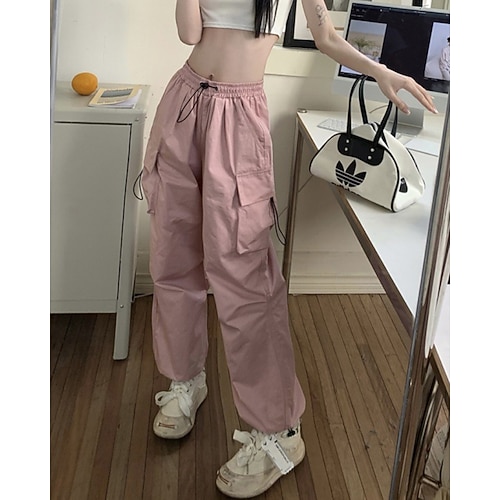 Damen Cargo-Hosen Stoffhosen Streetwear Lässig Volle Länge Natürliche Taille Einfach Tasche Elastisches Kordelzugdesign Bequem Außenbereich Outdoor Straße Magenta Wein Aprikose Grau Herbst Normale Image