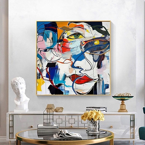 Pop-Art-Gemälde, handgefertigt, abstraktes Ölgemälde von Pablo Picasso, kräftige Farbblockierung, ausdrucksstarke Pinselstriche, blau-orangefarbener Kontrast, dynamische Strichzeichnungen, modernes Image