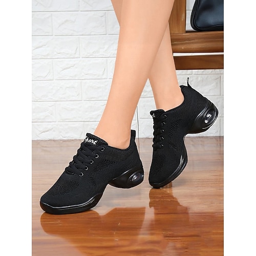 Schwarze Tanz-Sneakers mit Schnürung aus Mesh für Damen – atmungsaktive, leichte Jazzschuhe mit Luftpolstersohle für professionelles Training und Auftritte Image
