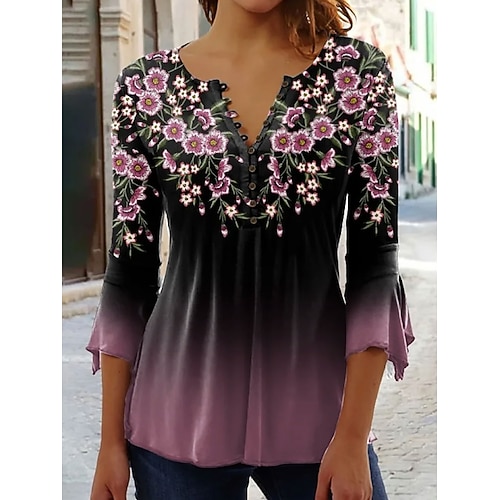 Damen T-Shirt V-Ausschnitt Ombre Floral Grafik Elegant 3/4 Länge Ärmel Regelmäßige Oberteile Täglich Ausgehen Knöpfe Pink Blau Grün Frühling Herbst Image