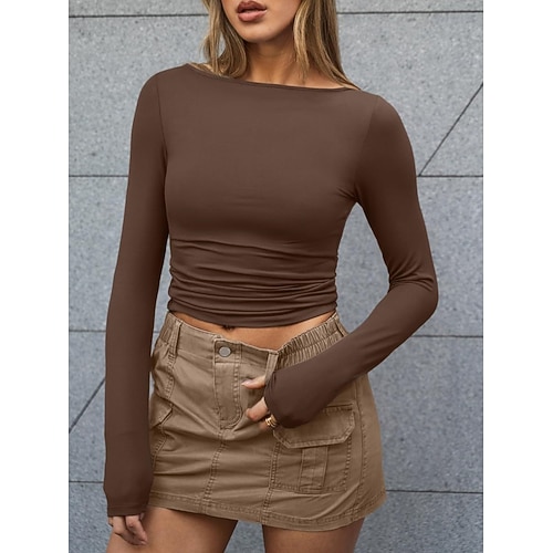 Damen Enge Oberteile Einfarbig Stilvoll Lässig Y2K Langarm Rundhalsausschnitt Crop Tops Täglich Ferien Ausgehen Schwarz Weiß Rosa Braun Sommer Frühling Image