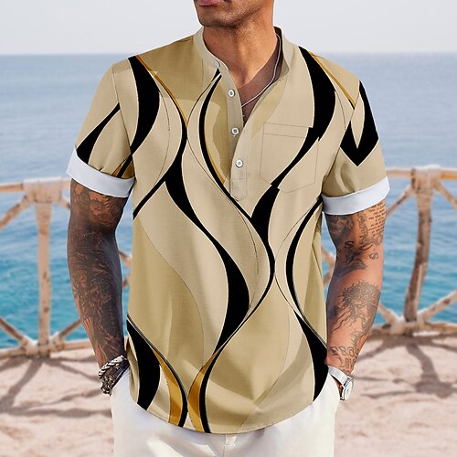 Herren Geometrisch Wellen Hemd Henley Hemd Stehkragenhemd Kurzarm Lässig Urlaub Täglich Sommer Frühling Mandarinkragen Stehkragen Knöpfe Eine Tasche vorne Leinenähnliches Hemd Blau Khaki Grau Image