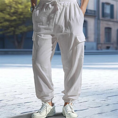 Herren Leinenhosen Hose Sommerhose Strandhose Tasche Kordelzug Elastischer Bund Einfach Komfort Atmungsaktiv Urlaub Täglich Ferien Hawaiianisch Boho Schwarz Weiß Image