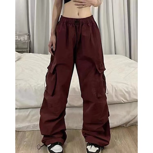 Damen Cargo-Hosen Stoffhosen Streetwear Lässig Volle Länge Natürliche Taille Einfach Tasche Elastisches Kordelzugdesign Bequem Außenbereich Outdoor Straße Magenta Wein Aprikose Grau Herbst Normale Image