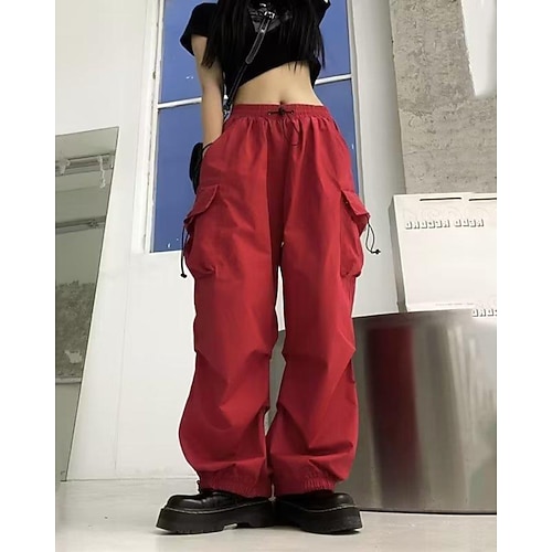 Damen Cargo-Hosen Stoffhosen Streetwear Lässig Volle Länge Natürliche Taille Einfach Tasche Elastisches Kordelzugdesign Bequem Außenbereich Outdoor Straße Magenta Wein Aprikose Grau Herbst Normale Image