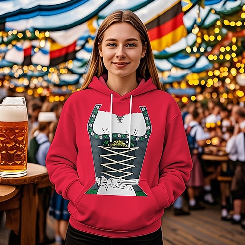 Kapuzensweatshirt Druck Lässig Bayerisch Bischofsärmel Fronttasche Grafik für Damen Erwachsene 3D-Druck für Karneval Oktoberfestbier Urlaub Party Image