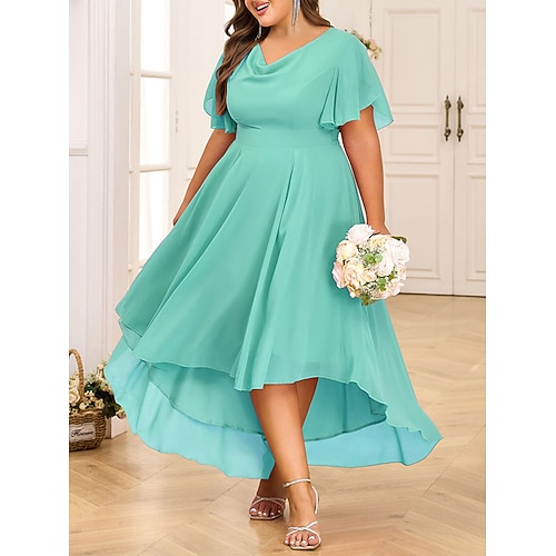Damen Übergröße A Linie Kleid Einfarbig Rundhalsausschnitt Kurzarm Sommer Frühling Elegant Midikleid Formell Party Kleid Image