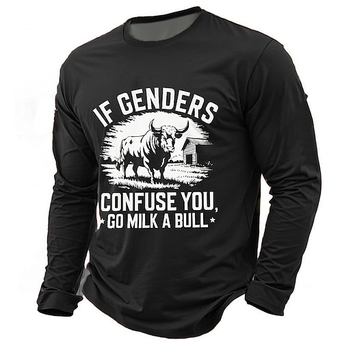Humorvolles Herren Langarm Grafik Tee mit 'Wenn Geschlechter dich verwirren melke einen Bullen' idiomatisches Wortspiel Design Image
