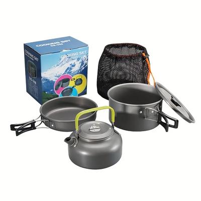 TEMU 3pcs Camping Cookware Set, Aluminum Outdoor Portable Cooking Utensils Including Pot, Frying Pan, And Kettle, Suitable For Hiking And Picnic | Multifunctional Camping Kit | Aluminum Cookware Image