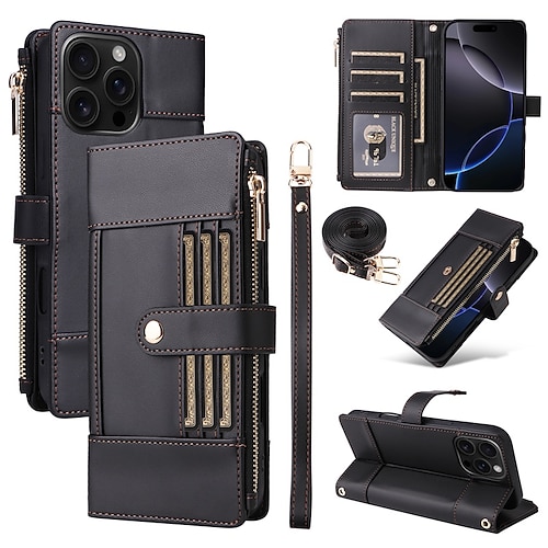Handy Hülle Handyhüllen Für iPhone 16 15 14 Pro Max Plus 16e 13 Pro Max Brieftaschenhülle Mit Ständer Reisverschluss Vollschutz Retro TPU PU-Leder Image