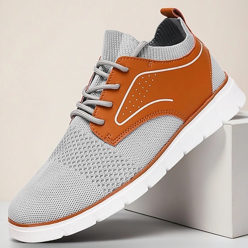 Graue Strick-Sneaker für Herren mit Kunstleder-Patch, leichte, atmungsaktive Freizeit-Wanderschuhe, ideal für Frühlingsreisen und den Alltag Image