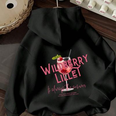 "TEMU Women's Graphic Print Hoodie With Drawstring - Black Casual Hooded Sweatshirt Featuring " Lillet" Design, 100% Polyester, Machine Washable, Fit" Image