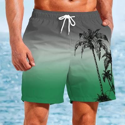 TEMU Men's Hawaiian-inspired Gradient Color Beach Shorts - 3d Palm Tree & Print, Quick-dry Drawstring Swim Trunks For Summer Outdoor Activities, Seaside Vacations, And Surfing, Surfing Gear Image