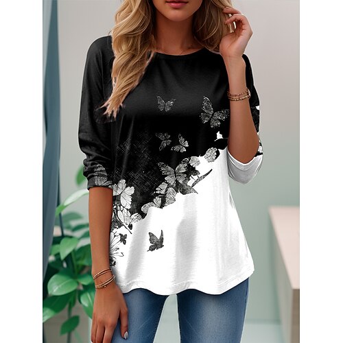 Damen T-Shirt Crew Neck Langarm Tunika Grafik Schmetterling Pflanzen Vintage Stilvoll Klassisch Reguläre Oberteile Täglicher Wochenenddruck Schwarz Rot Lila Braun Grün Image