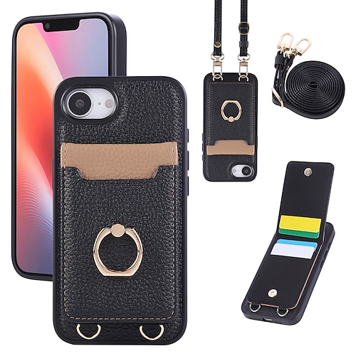 Handy Hülle Handyhüllen Für iPhone 16 15 14 Pro Max Plus 16e 13 Pro Max Brieftaschenhülle mit Trageriemen Ständer Kartenfach Retro TPU PU-Leder Image