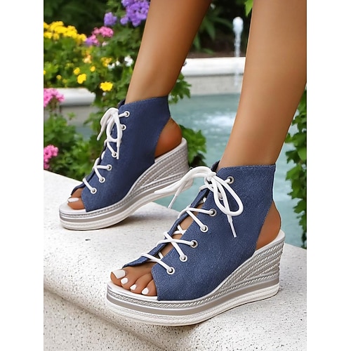 Damen-Schnürsandalen aus Denim mit Keilabsatz, modische Peep-Toe-Sommerschuhe, perfekt für den Pool, Brunchausflüge und Cafés am Meer Image