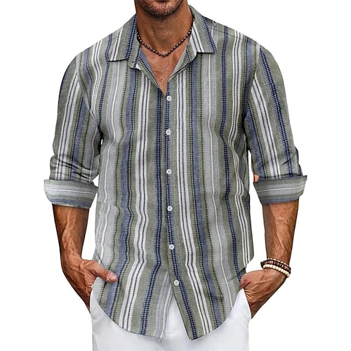 Herren Streifen Farbblockierung Hemd Knopfhemd Lässiges Hemd Langarm Modisch lässig Urlaub Täglich Streetwear Sommer Frühling Umlegekragen 3D-Druck Hemden mit Kragen Blau Grün Khaki Dunkelblau Grau Image