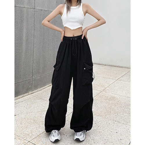 Damen Cargo-Hosen Stoffhosen Streetwear Lässig Volle Länge Natürliche Taille Einfach Tasche Elastisches Kordelzugdesign Bequem Außenbereich Outdoor Straße Magenta Wein Aprikose Grau Herbst Normale Image