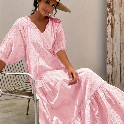 TEMU Plus Size, Women's V-neck Puff Sleeve Midi Dress - Lightweight Rayon-polyester Blend, Elegant Casual Summer Dress With Short Sleeves & Flowy Skirt, Versatile For Beach, Picnics, Image