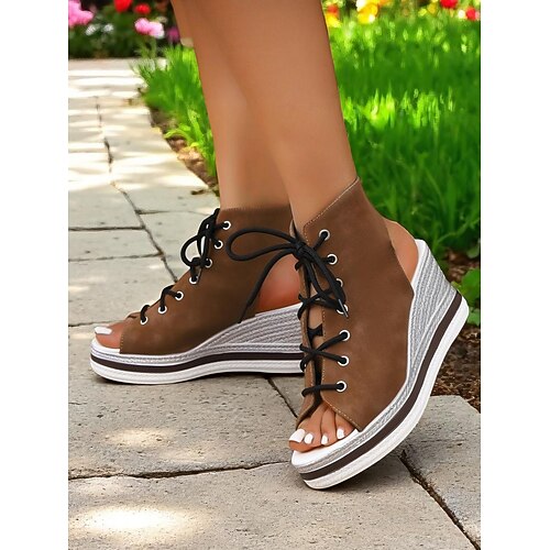 Damen-Schnürsandalen aus Denim mit Keilabsatz, modische Peep-Toe-Sommerschuhe, perfekt für den Pool, Brunchausflüge und Cafés am Meer Image