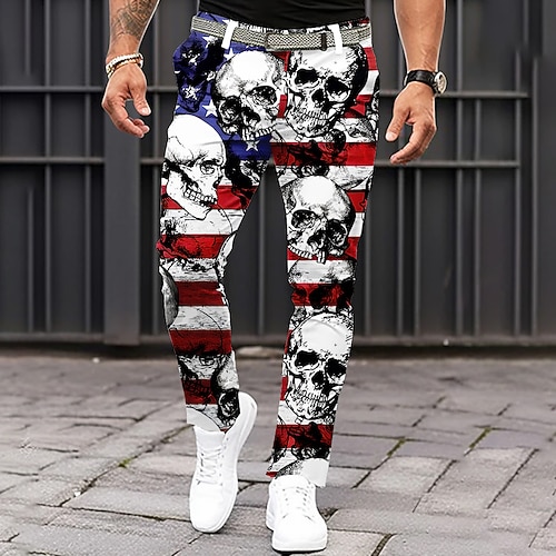 Herren Schädel US Flagge Patriotisch Anzughose Hose Freizeithose Mittlere Taille Klassisch Lässig Ferien Slim Fit Hose mit Taschen Frühling Herbst 3D-Druck Weiß Image