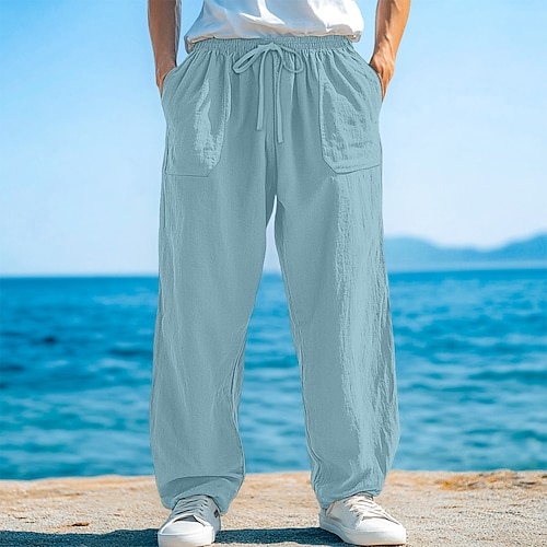 Herren Hose aus Baumwollleinen Hose Freizeithose Sommerhose Baggy-Hosen Kordelzug Fronttasche Gerader Schnitt Einfach Komfort Weich Volle Länge Strand Fitnessstudio Yoga Urlaub Mode Schwarz Weiß Image