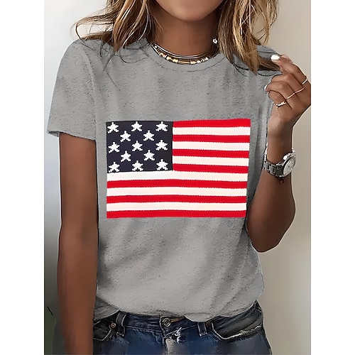 Unabhängigkeitstag patriotisches Shirt Damen T-Shirt Grafik Flagge Nationalflagge Vintage stilvoll klassisch Kurzarm Crewneck Rundhals Alltag Druck Schwarz Weiß Pink Blau Lila Sommer Frühling Image