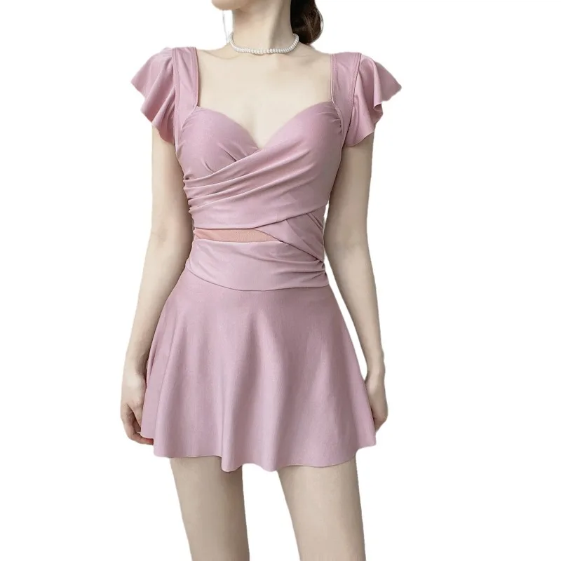 Badeanzüge für Damen, einteilig, einfarbig, französischer Badeanzug, Großhandel, konservativ, schlank, Stahl-BH-Kleid, Badeanzug, heiße Quelle, tragbar Image