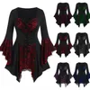 Frauen Plus Größe T-shirt Gothic Punk Spitze Verband Sexy V-ausschnitt Flare Hülse Spitze Patchwork