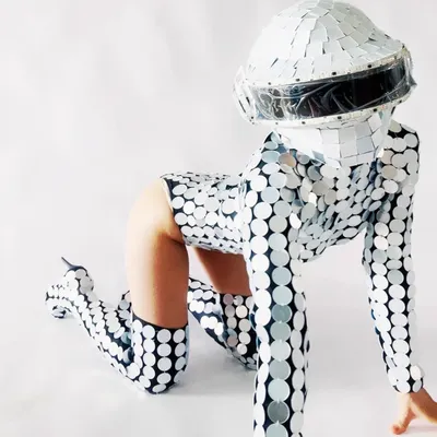 LED Spiegel Frauen Kostüm Cosplay Kleidung Handgenäht Silber Gold Stelzen Walker Show Anzug Bühne Image