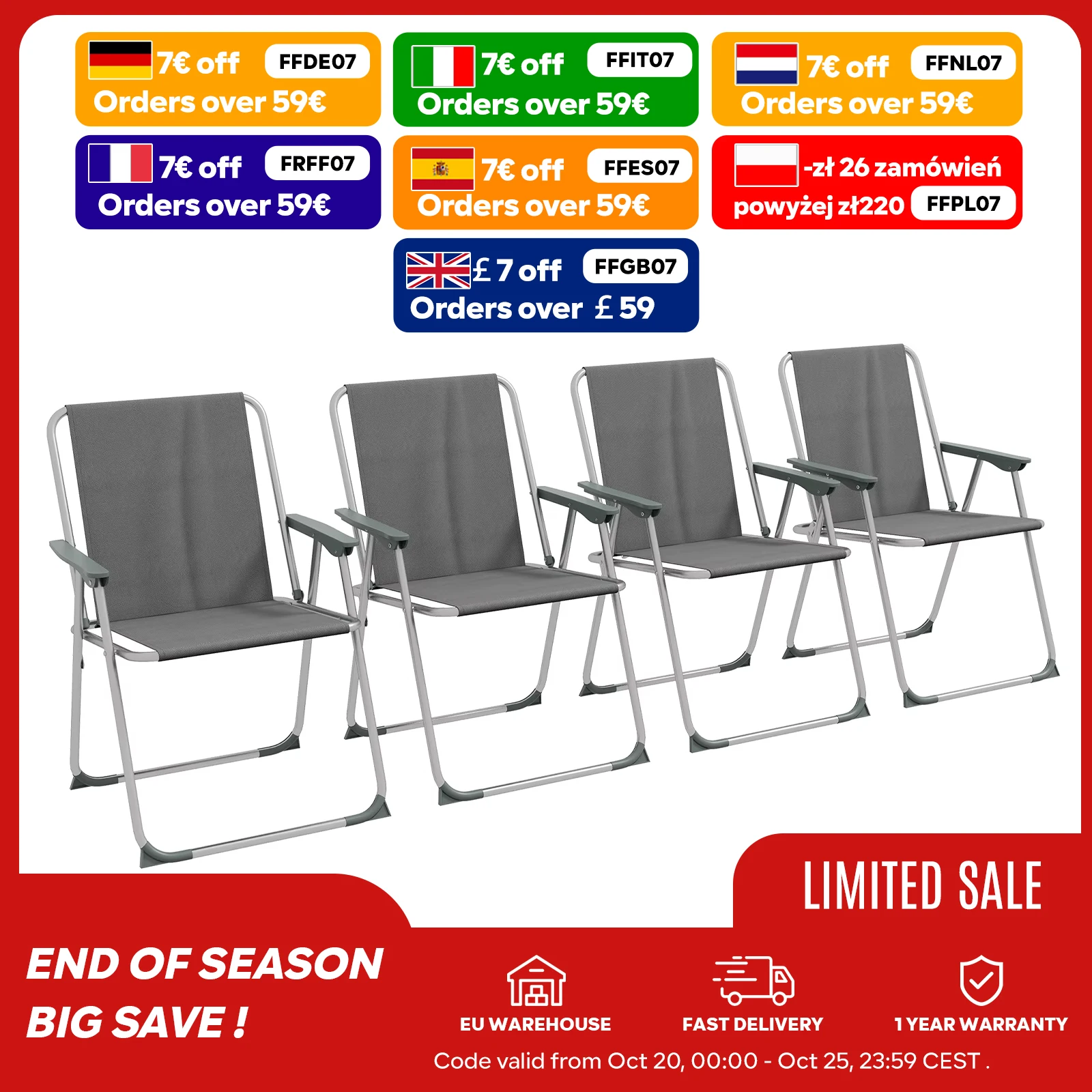 Chaises Jardin Pliantes de 4 Pièces, Pliable, Tissu Oxford, Cadre en Métal, pour le Jardin, le Balcon